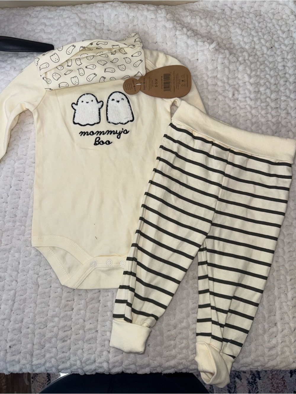 Cream Ghost-Print Baby One-Piece with Striped Pants Set